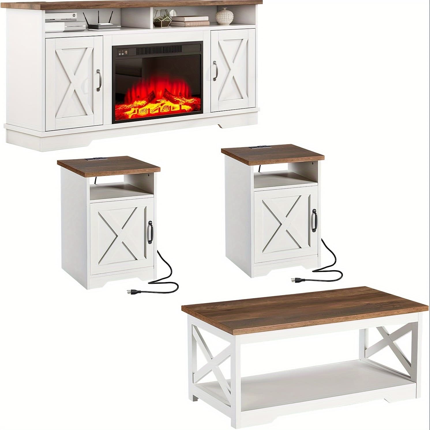 TEMU 5pcs Farmhouse Table Set: 63" Tv Stand With 26" Fireplace, Coffee Table, And 2 End Tables With Usb Ports And Charging Station, Barn Door Design