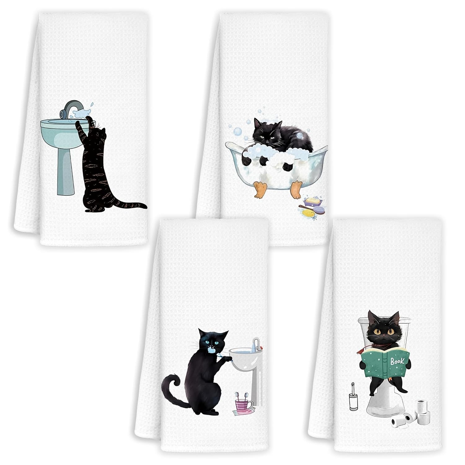 TEMU 4pcs Black Towels - Perfect Gift For Cat Lovers, Soft Polyester, Machine Washable, Modern Cartoon Design, Suitable For Bathroom Decor And Kitchen Use