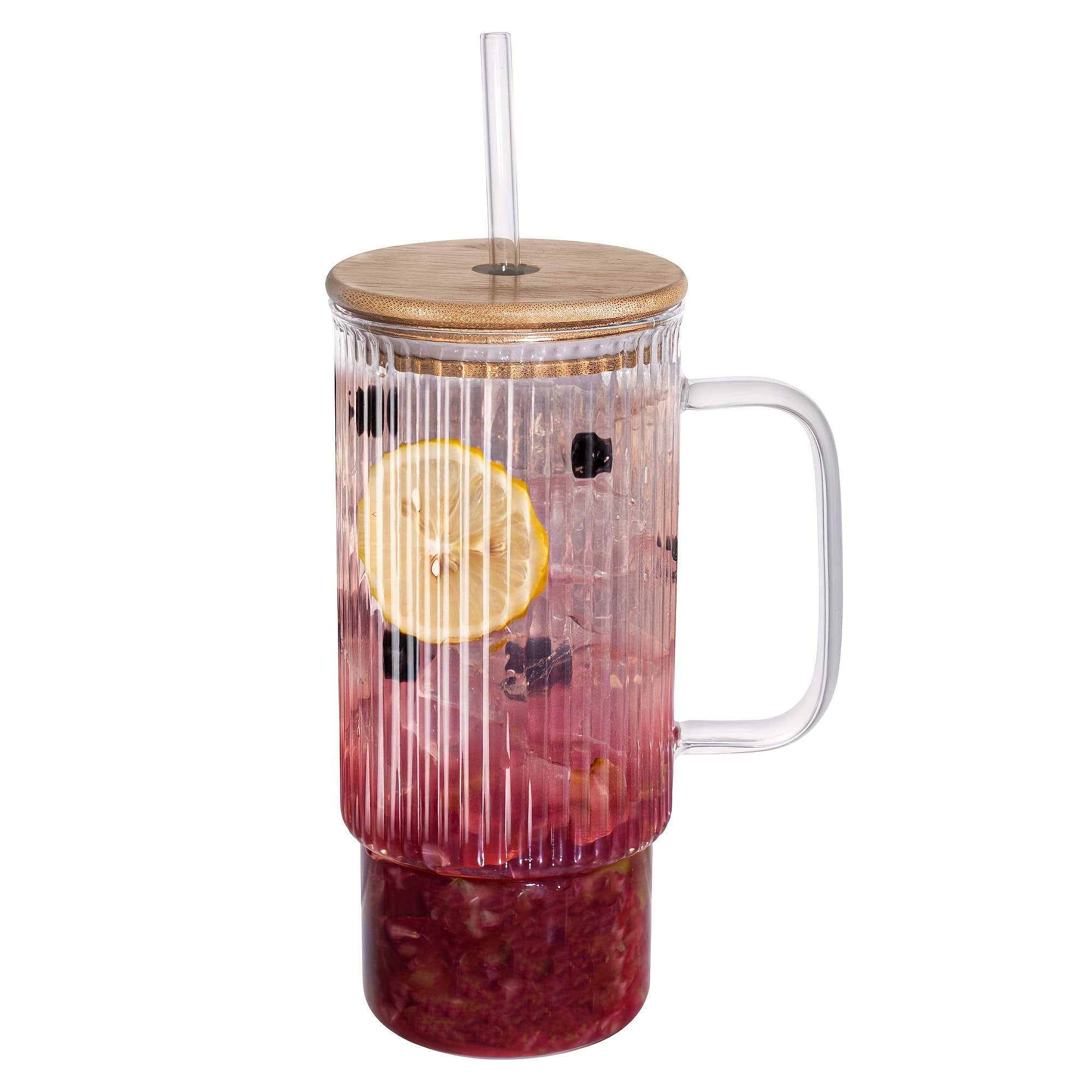 TEMU 32oz Ribbed Glass Cup With Handle Bamboo Lid And Straw, Glass Tumbler, Iced Coffee Cups Hot/cold Drinks
