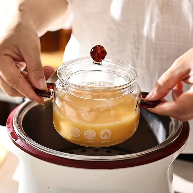TEMU Glass Stew Pot Cooking Utensil High Borosilicate Double-handled Glass Stew Pot For Nest And Soup, Double-handled Bowl With Lid For Steaming Egg Custard, Cute Pot, Microwave-safe Glass Bowl