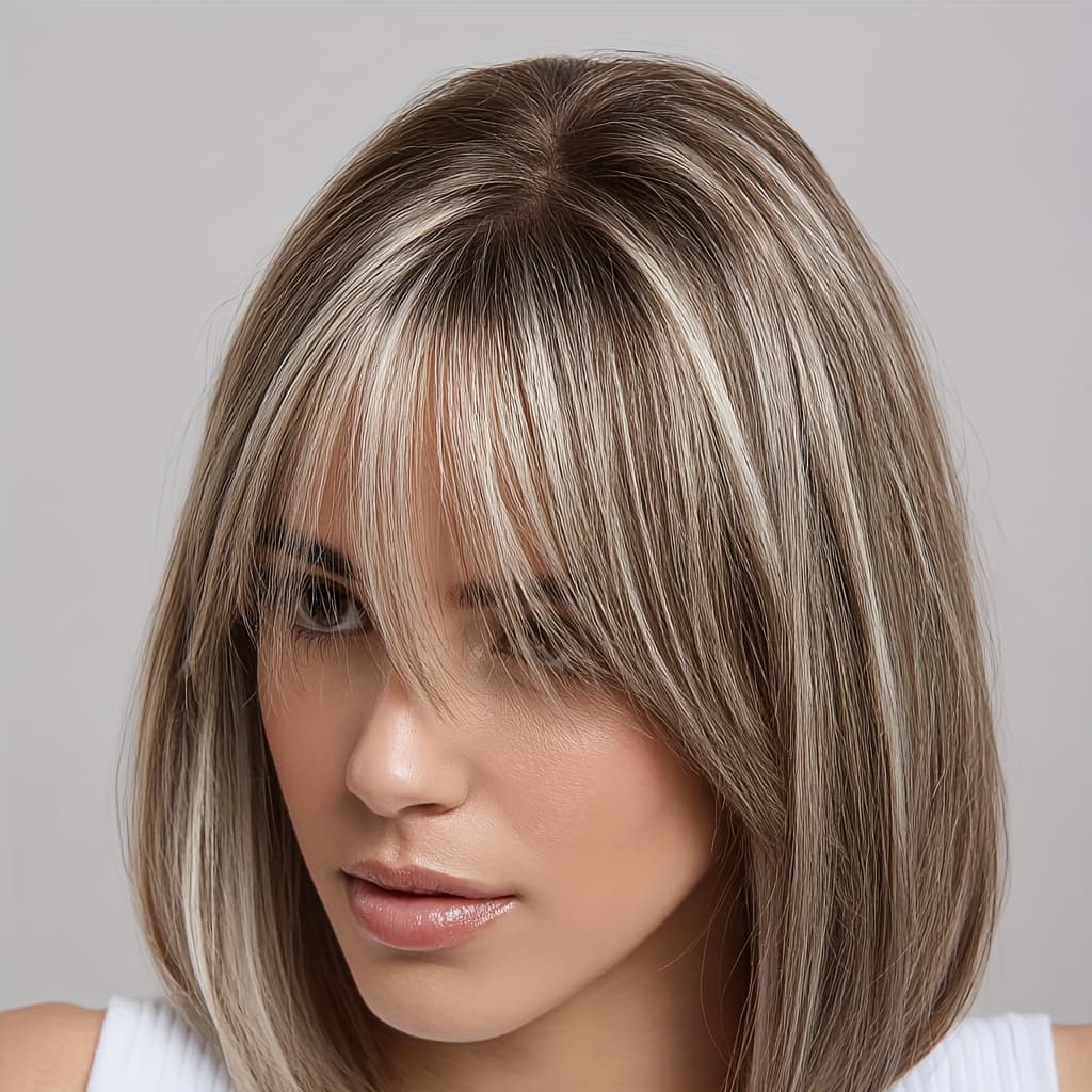 TEMU Women's Brown Balayage Straight Bangs Wig - Heat-resistant Matte Fiber With - Perfect Gift For Spring Festival, Valentine's Day, , Birthday & More