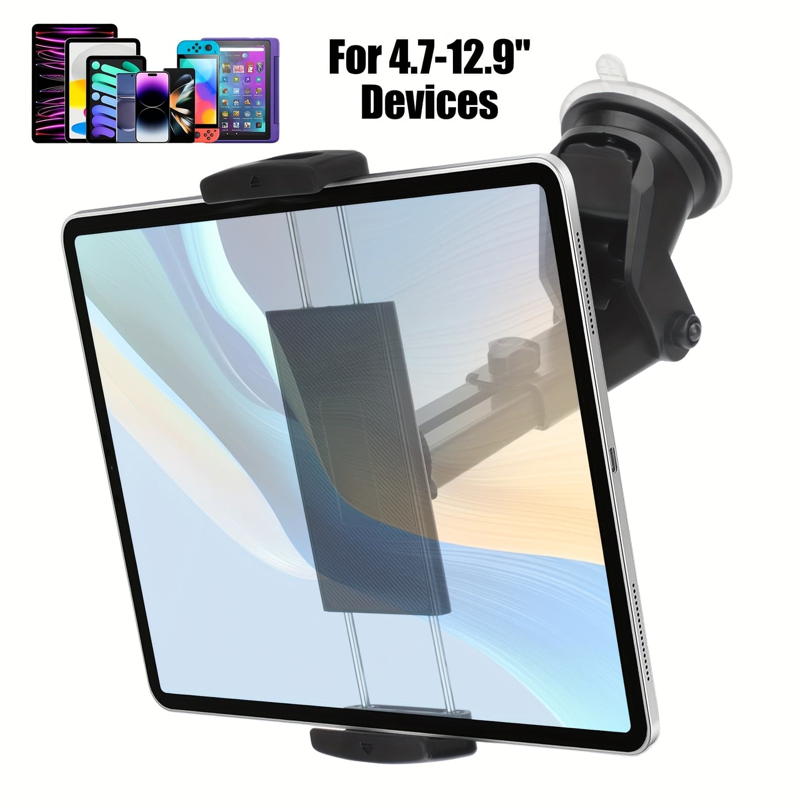TEMU Car Tablet Holder With 360° Rotation, Extendable Arm, And Strong Suction Cup, Suitable For Devices Ranging From 4 To 12.9 Inches, Ideal For Use In Vehicles, Homes, Offices, And On Walls
