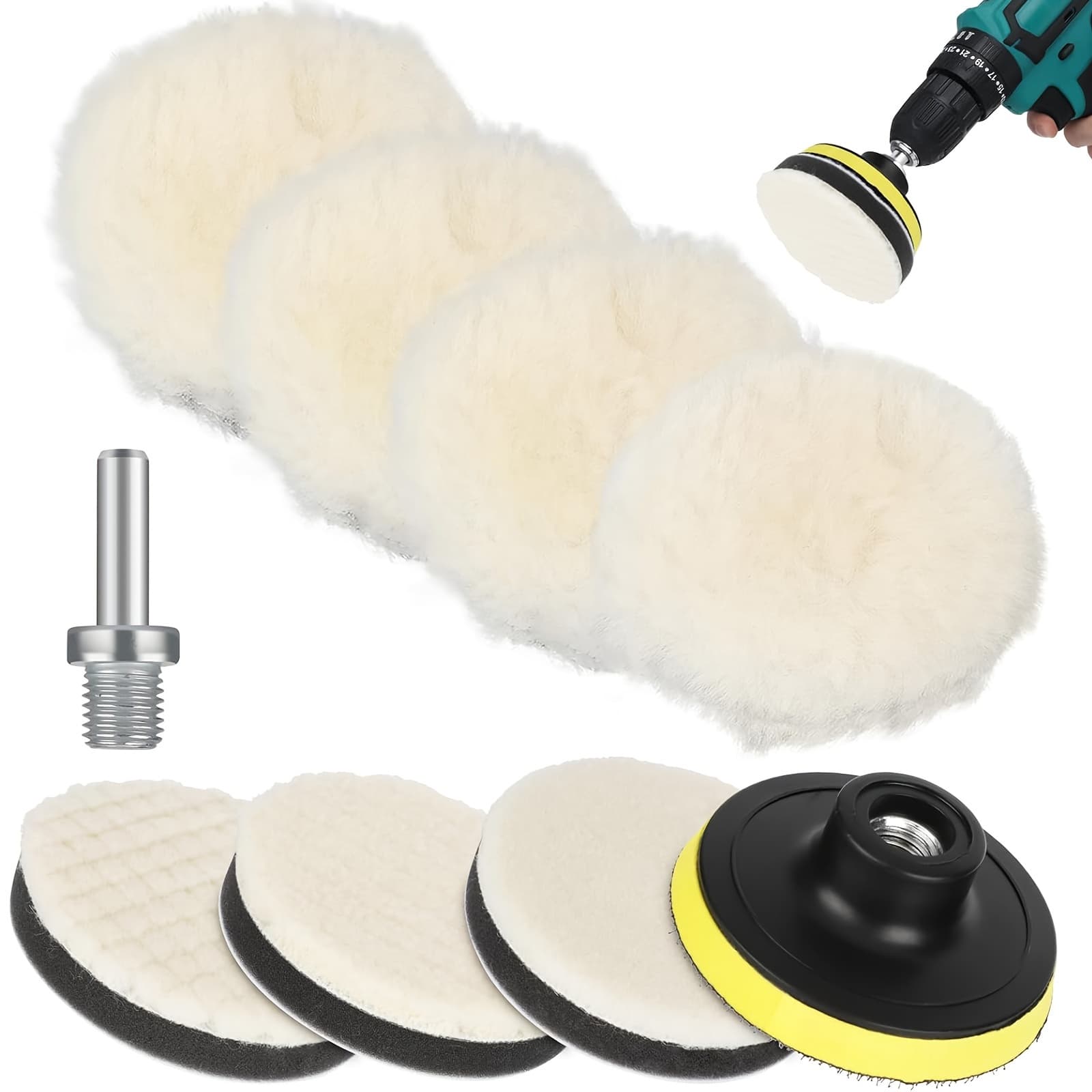 TEMU Set Of 9 Three-inch Wool Polishing Pads, Complete With A Drill Polishing Pad Kit And M10 Drill Adapter, Designed For Automotive Paint Maintenance And Enhancement