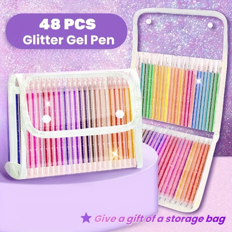 TEMU 12/48/60-colors Glitter Gel Pens With Storage Bag, 1.0mm Metallic Glitter Colored Ballpoint Pens, Glitter Paint Pens, School Supplies, Art Painting, Diary Creation, Painting Activities & Gift