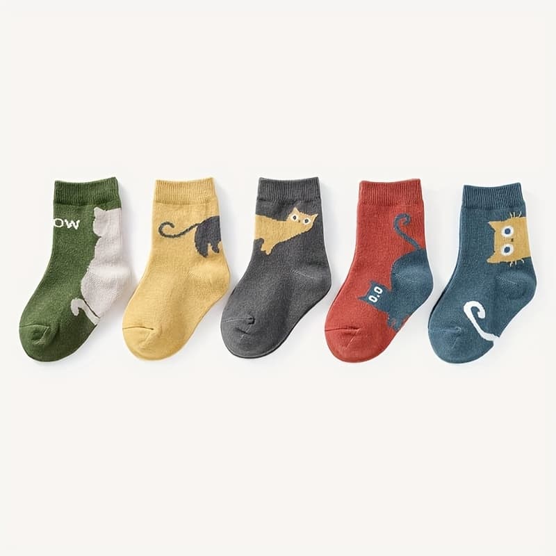 TEMU 5 Pairs Of Socks Cute Cartoon Cat Pattern Breathable Comfortable Boy And Girl Mid-tube Socks
