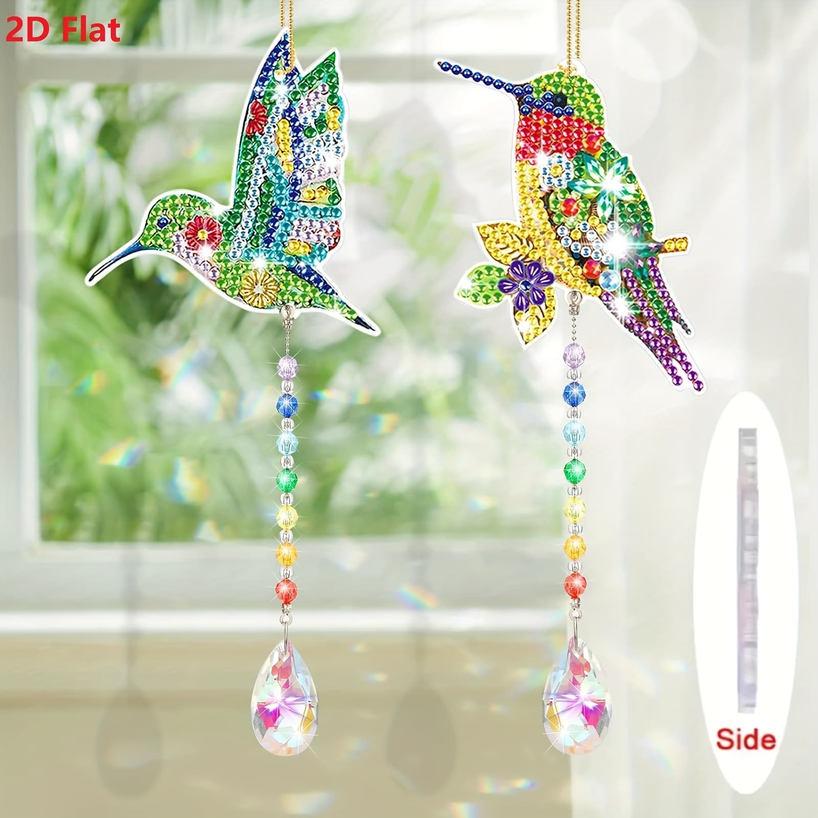 TEMU 2d Flat, 2pcs Diamond Painting Wind Chimes, Hummingbird Crystal Pendant, Diy Suncatcher, For Indoor Outdoor Window & Christmas Home Decor, Black Friday Deal, Holiday Gift, 2d Flat