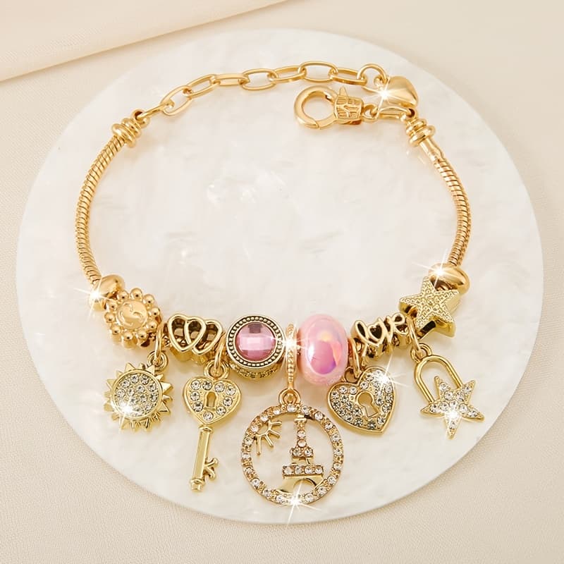 TEMU Women' French Boho Bracelet With Plating & Pink Beads - Birthstone Jewelry Suitable For Parties, Daily Wear, Gift For , Accessory