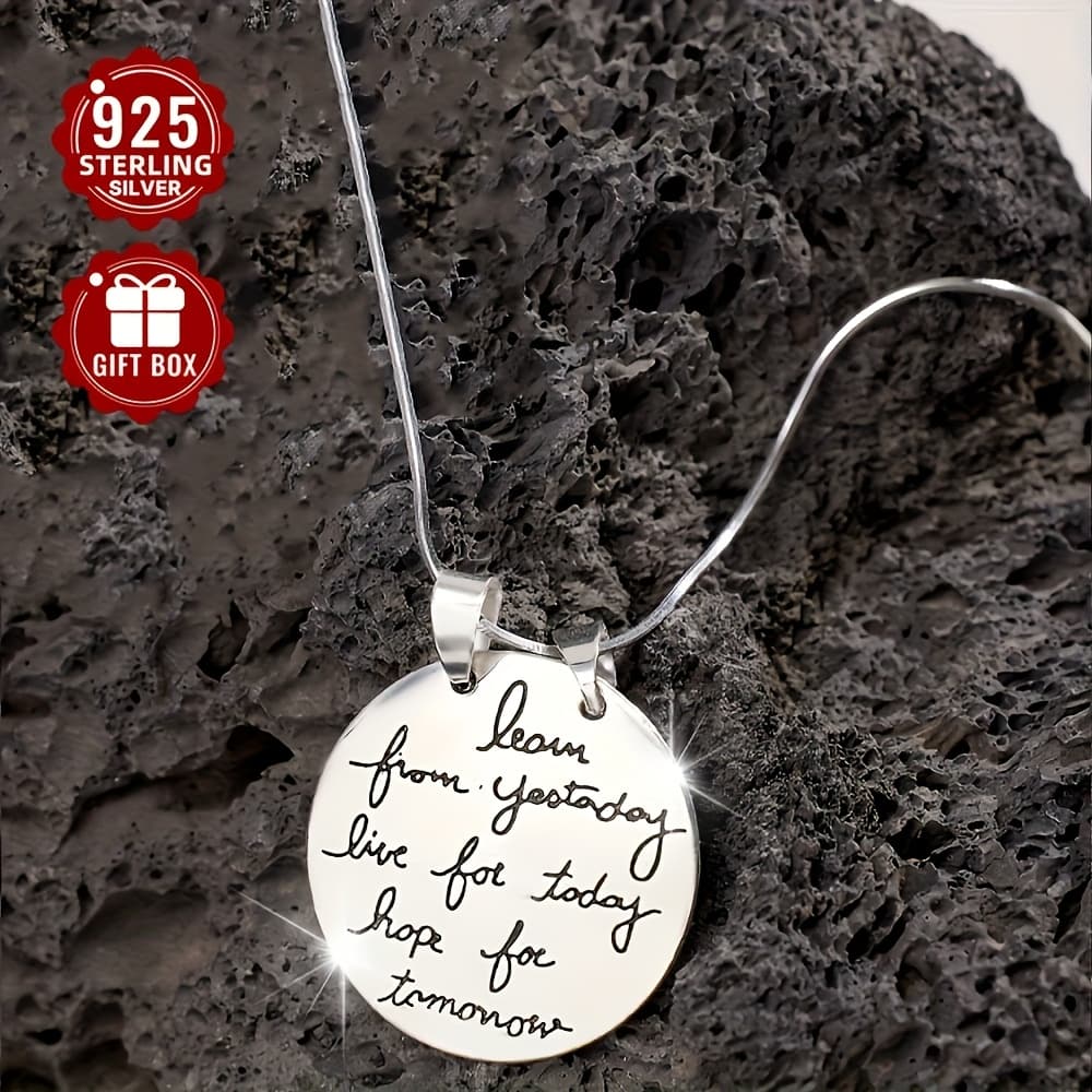 TEMU 1 Elegant 925 Sterling Silver Snake Chain Necklace With Inspirational Engraved Round Pendant - Vintage/k Style, Suitable For Daily Wear And Party, Including Gift Box, Letter , 11.8g