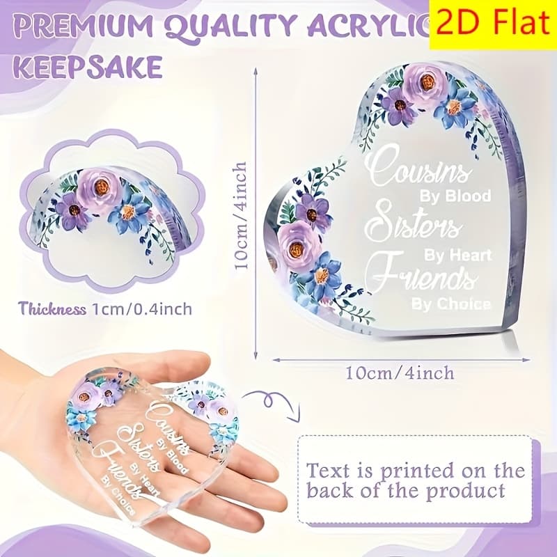 TEMU 2d Flat, 1pc Gift For Cousin - Acrylic Heart Sign Plaque With Vibrant Purple Flower Decor, Collectible Figurines, Cousins By Blood, Sisters , Aesthetic Keepsake & Paperweight, Home Decor