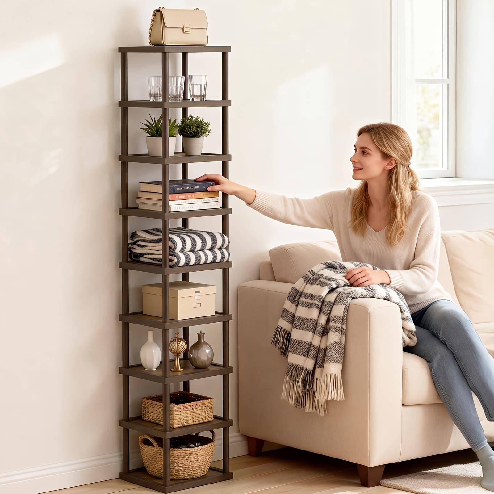 TEMU Stackable 9-layer Bamboo Organizer - Flexible Setup: Use Tall Unit Or 2 Short Stands - Perfect For Shoes Or Display - Maximizes Storage In Apartments, Dorms