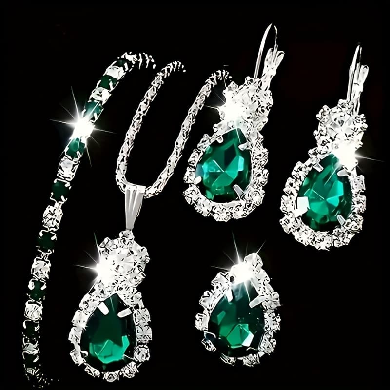TEMU 5pcs S925 Silver Women's Jewelry Set With Green Oval Pendant Necklace, Ring, Earrings, And Bracelet - Elegant Fashion For Casual Attire Or Gift, Total Weight Of The Product (7.95g)