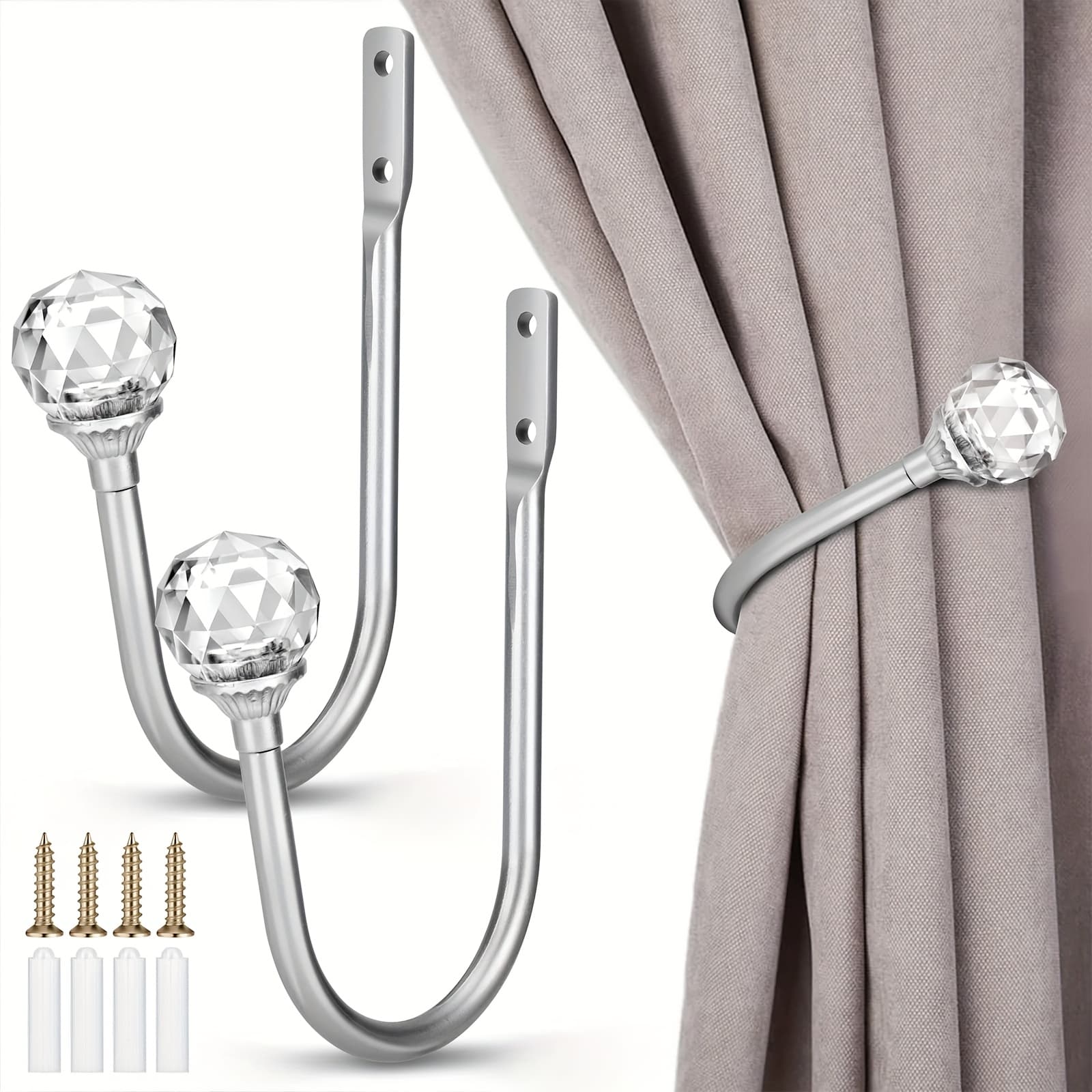 TEMU 2pcs Curtain Tie Hooks, Crystal Curtain Holdbacks, Heavy Duty Wall Mounted Drapery Tieback Hook For Home, Office, Metal Decorative Hook