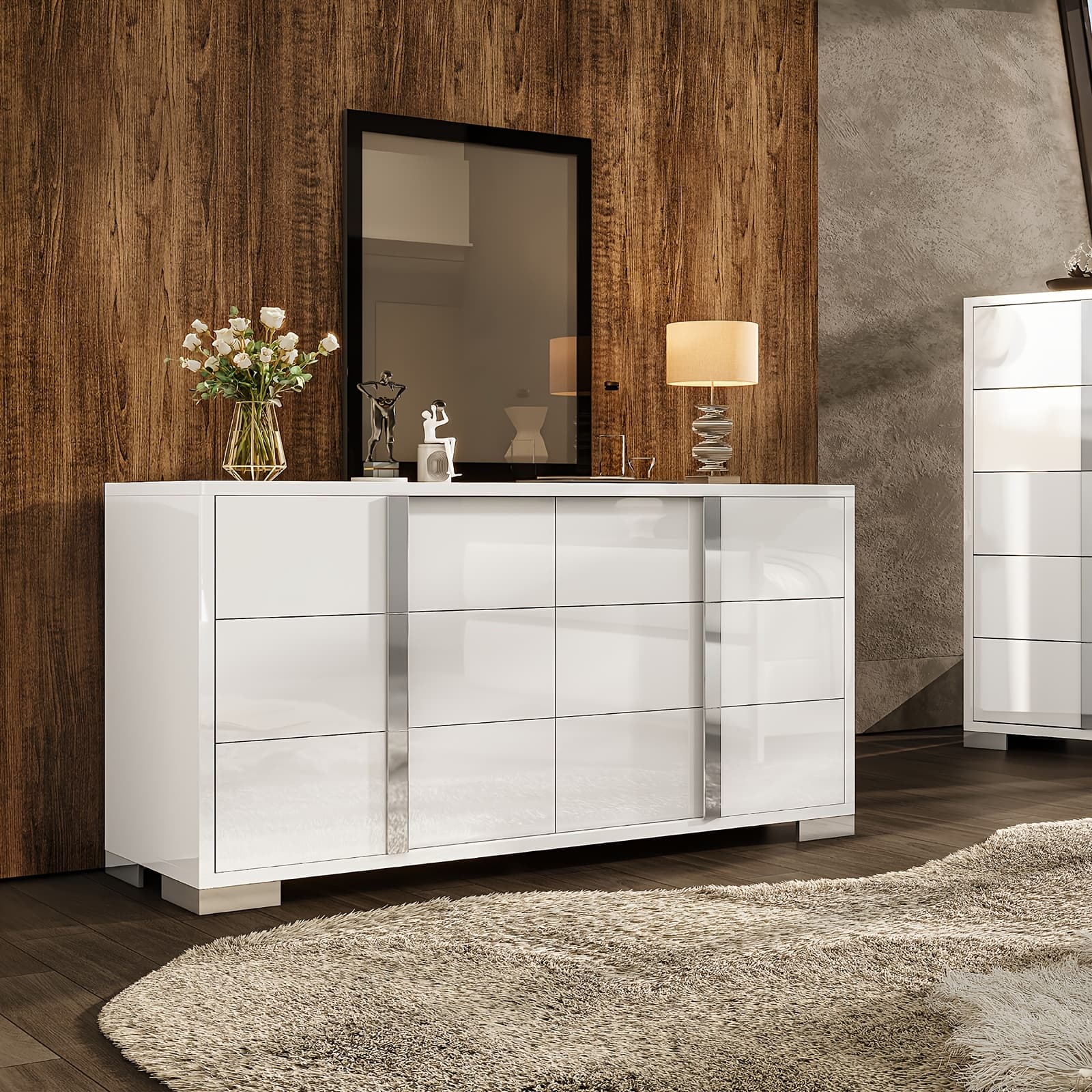 TEMU Modern 54" W High -drawer Dresser With Silvery Handles, Spacious Storage Chest With For Bedroom, Closet, Or