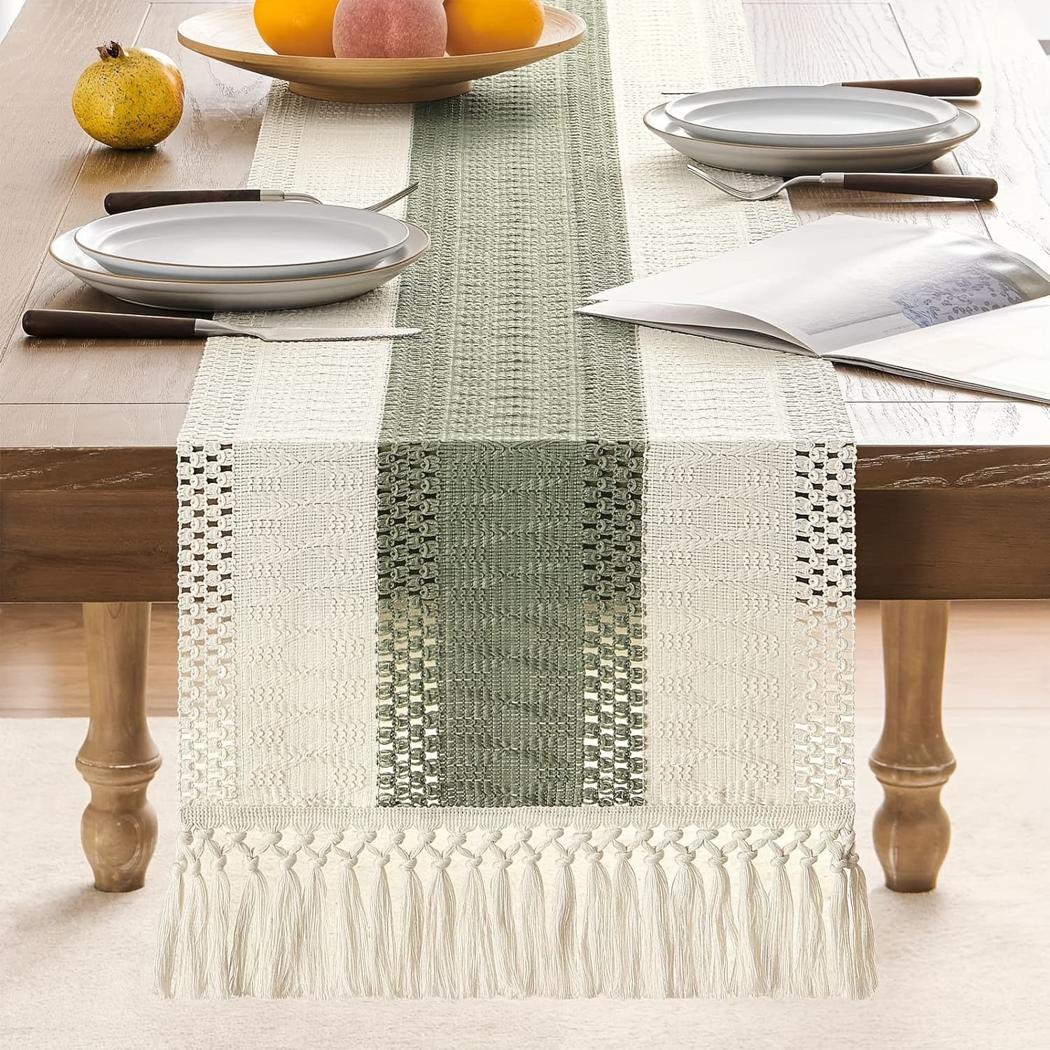 TEMU 1pc Macrame Style Stitching Table Runner, Boho Sage Green Ployester Blend Table Runner, Rectangular Farmhouse Rustic Bohemian Tablecloth For Weddings, Dining, Parties, Holidays, And Home Decor