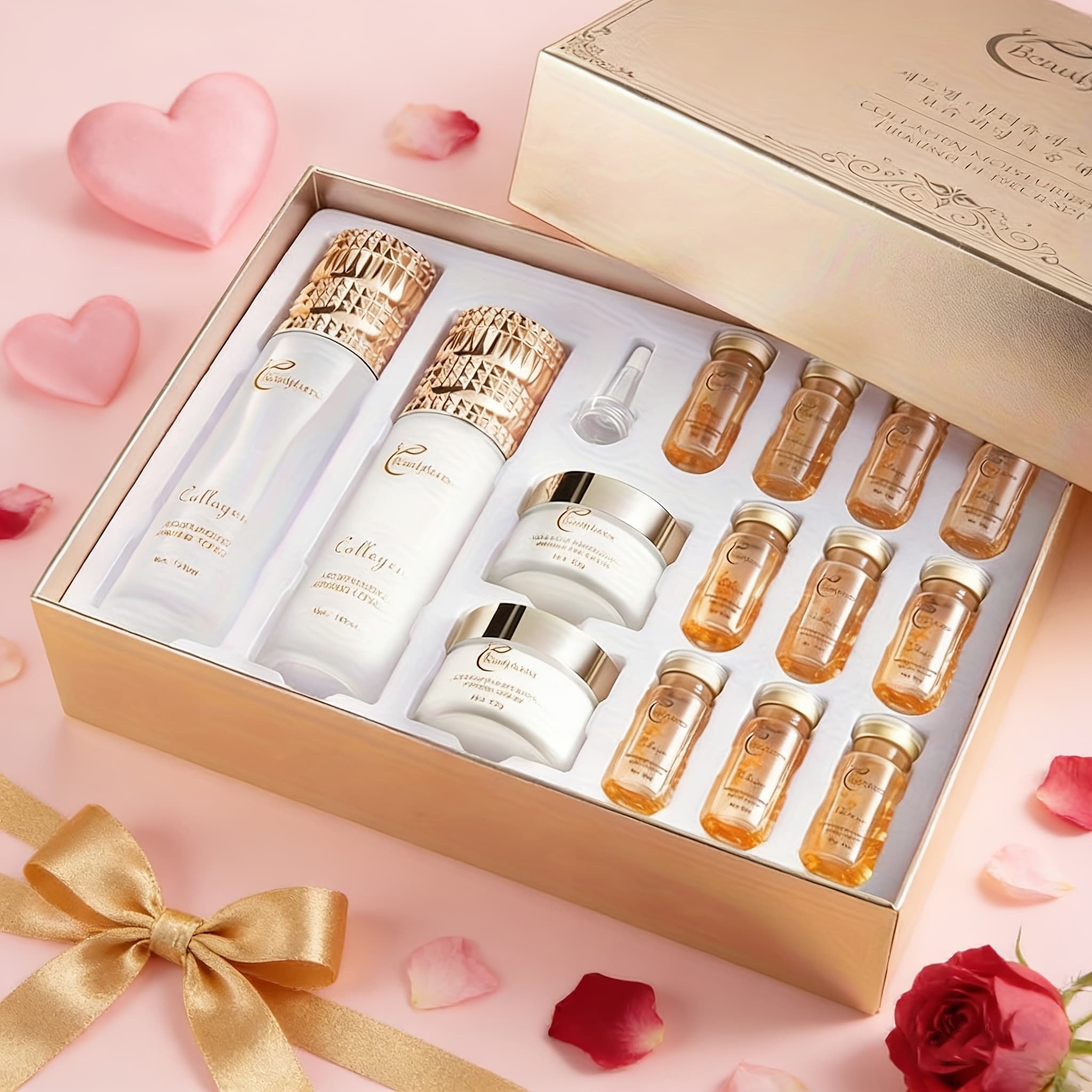 TEMU Gentle Korean Skincare Collagen Set - 14pcs Hydrating And Firming With Niacinamide - Moisturizing Face Care Kit, Luxury Gift Kit For Women, Christmas Gift And New Year Present