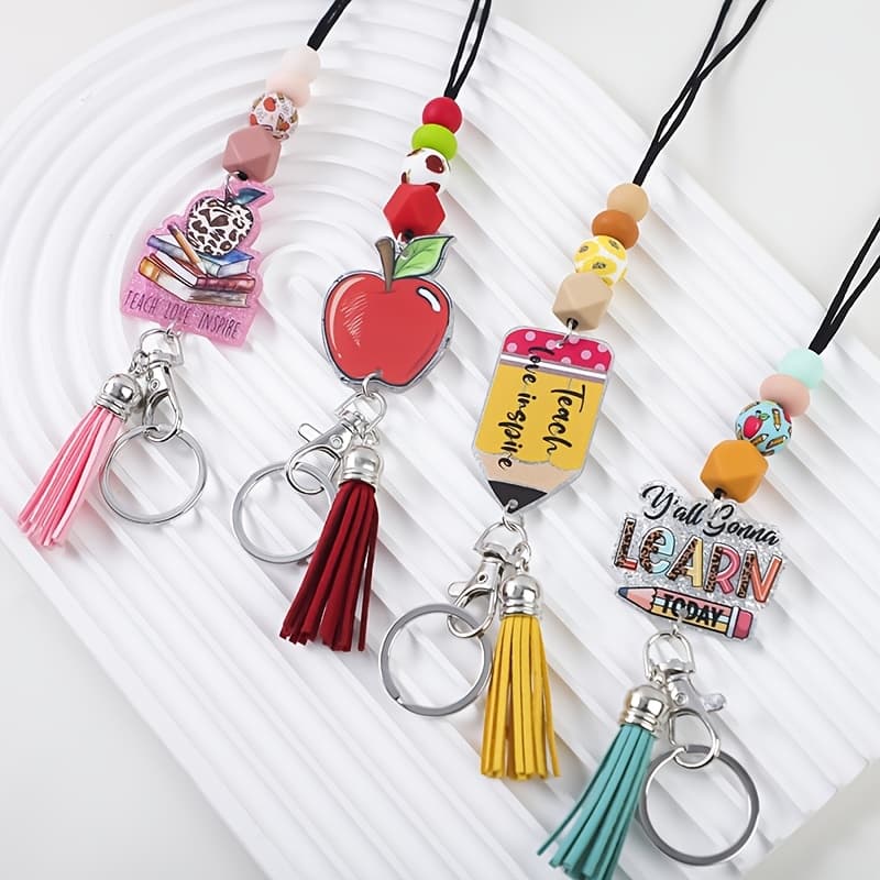 TEMU Set Of 4 Acrylic Charm Keychains With A Neck Strap Featuring A Pencil, , And Book, Perfect For Teacher's Day Gifts
