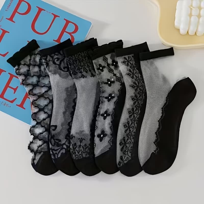 TEMU Spring And Summer Random - 5 Pairs Of Lace Nude Color Lace Wear-resistant Breathable Stockings Crystal Mid-tube Non-slip Mesh Cool And Comfortable Socks