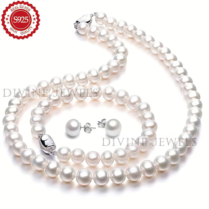 TEMU 925 Elegant Freshwater Pearls Bracelet Necklace Earrings 3pcs Set, Girlfriend Valentine's Day Gift For Mother's Christmas Wedding Gift For Her Anniversary, Gift Box