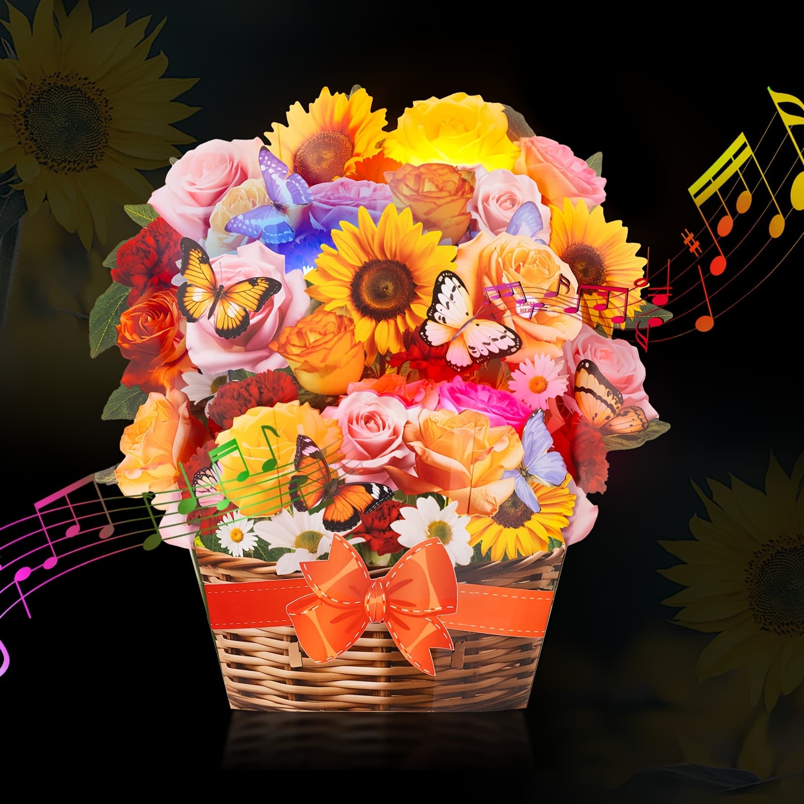TEMU Paper 3d Pop Up Sunflower Bouquet Greeting Cards With Light And Music, Birthday Anniversary Day Card Well Gifts For Women Lover With Note Card And Envelope