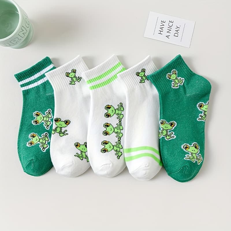 TEMU 5 Pairs Women's Summer Thin Short Socks Cute Green Trendy Versatile Preppy Style Short Socks