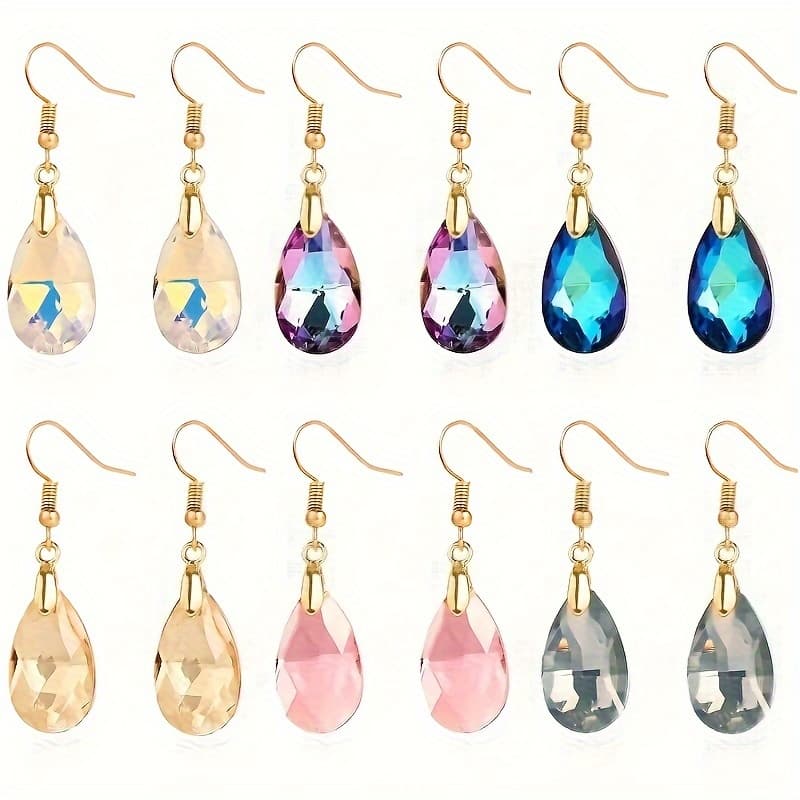 TEMU 6 Pairs Shiny Teardrop & Oval Shape Artificial Crystal Decor Long Dangle Earrings, Elegant Drop Jewelry Trendy Women Girls, For Valentine's Day, , Birthday Gifts