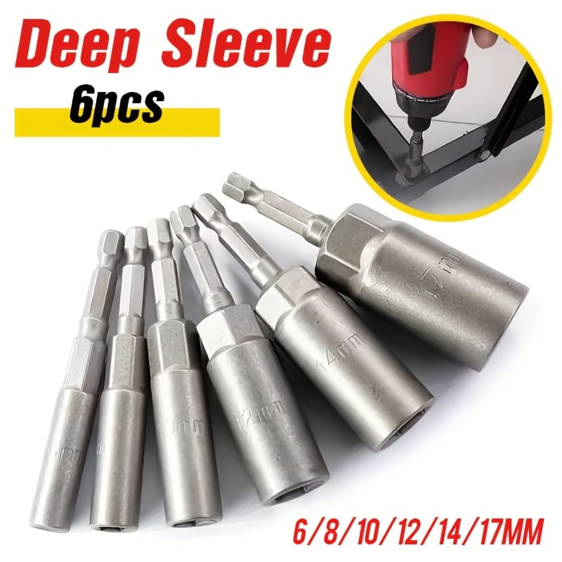 TEMU 6pcs 80mm Deep Nut Driver Drill Set With 6.35mm Hex Socket Adapters For Power Tools!