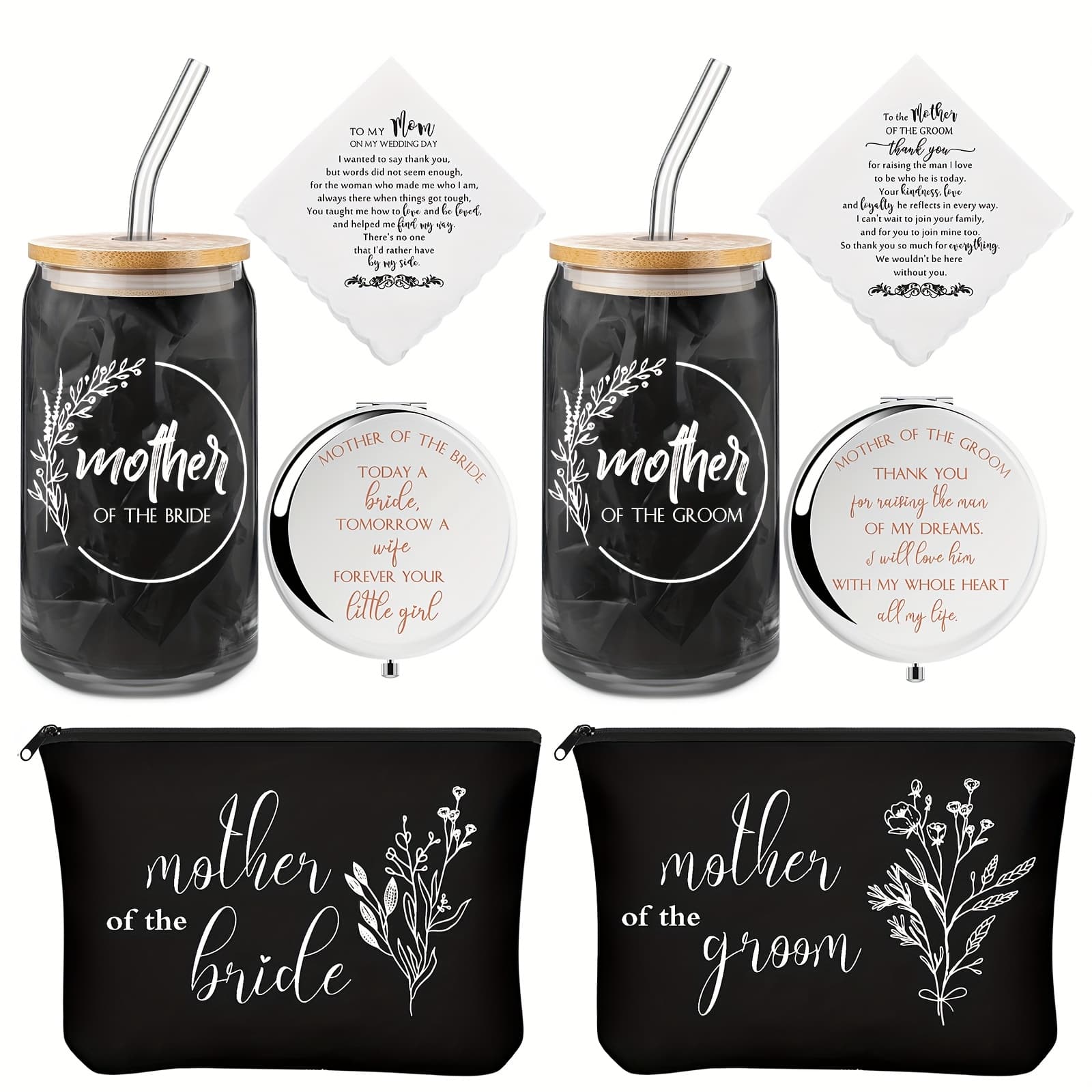 TEMU Party Favor 8 Pack Mother Of The Groom Bride 16oz Glass Cups Cosmetic Bag Wedding Gifts Mother Of Bride And Groom Makeup Bag Mirror Handkerchief For Mom In Law Bridal Shower Favor(simple)