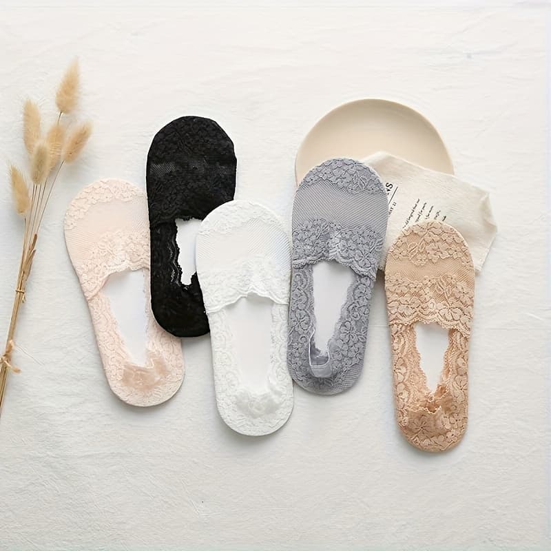 TEMU 5 Pairs Thin Lace Ankle Socks Women's Summer Thin Shallow Mouth Silicone Anti-slip Invisible Socks Non-slip Heel Women's Short Socks Comfortable And Versatile Socks