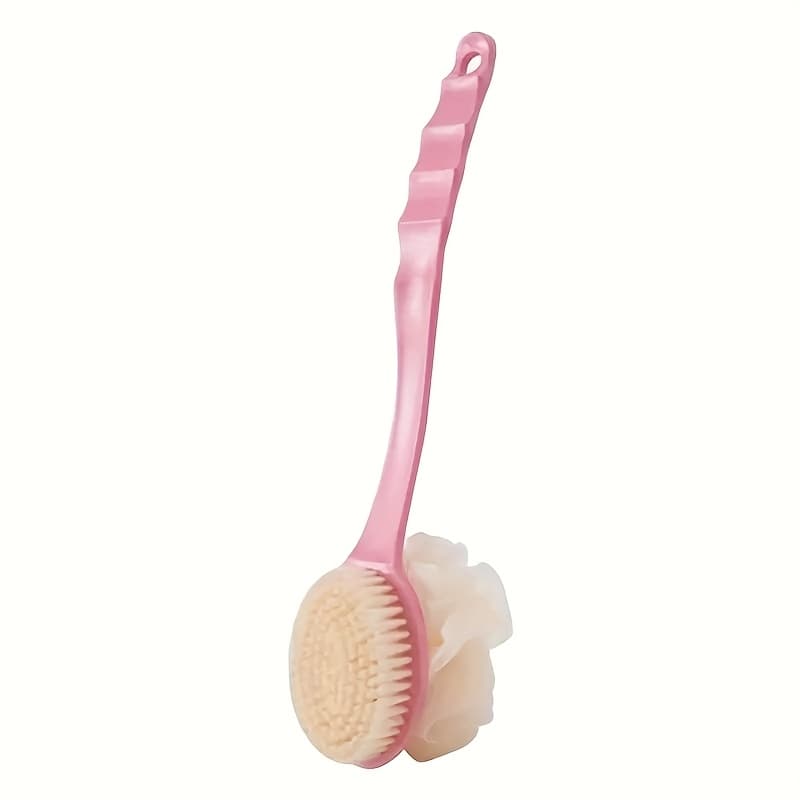 TEMU Soft Loofah & Bristle Bath Body Brush Suitable For - Curved Long Handle Shower Brush With / Synthetic Loofah & Bristles For Exfoliating Back, Body, Face - Spa & Bath Accessories