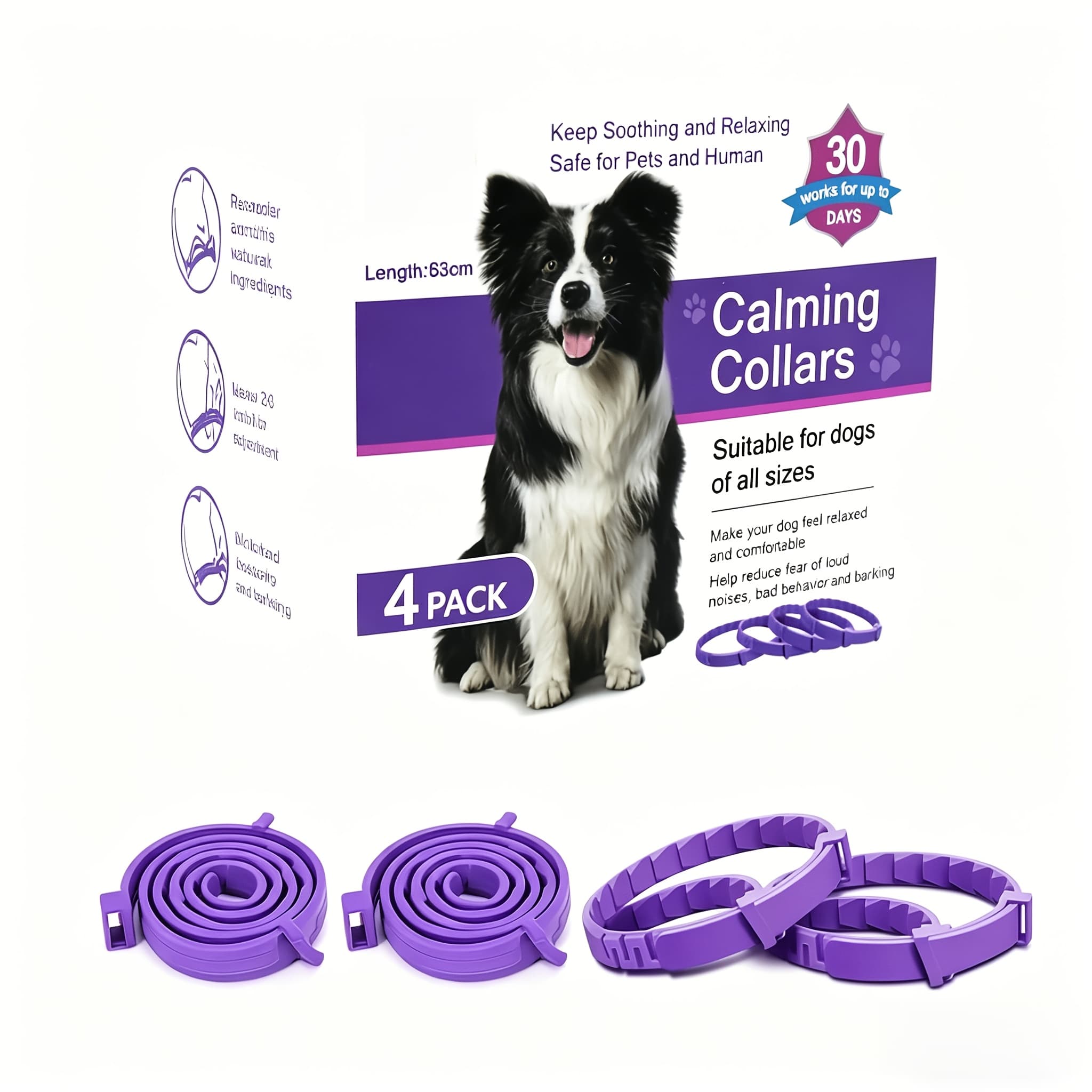 TEMU 4pcs Pet Purple Calming Collar - Effective Pheromone For Anxiety Relief, Adjustable, Suitable For Small, Medium, And Large Cats
