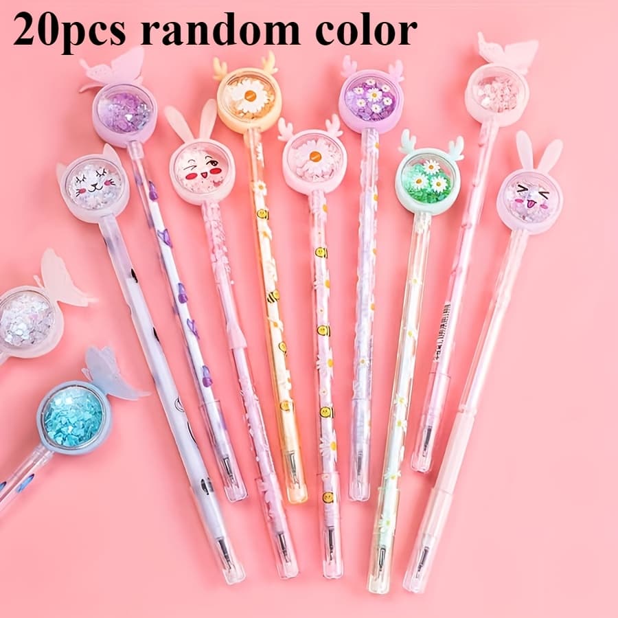 TEMU 20pcs Random Colors Sparkling Gel Pens - Assorted Colors, Pastel Design | & Flower, Glittery, Perfect For Valentine's Day Gifts And Party Favors, School Supplies, Design, Cute Pen