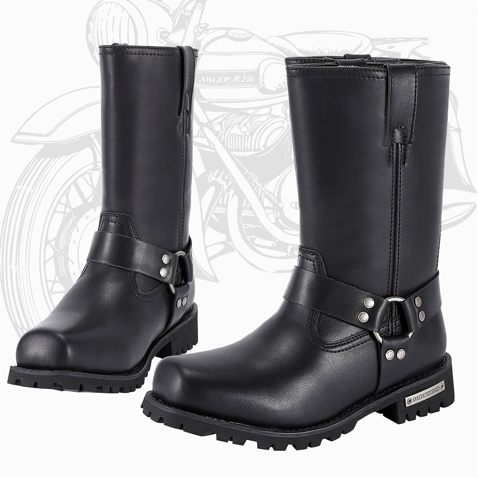 TEMU [men's Motorcycle Boots] Men's 11in Harness Motorcycle Boots, Dream Apparel, Pu Leather, Non-slip, Square Toe, Abrasion Resistant, Mid-calf Biker Boots For Riding Shoes