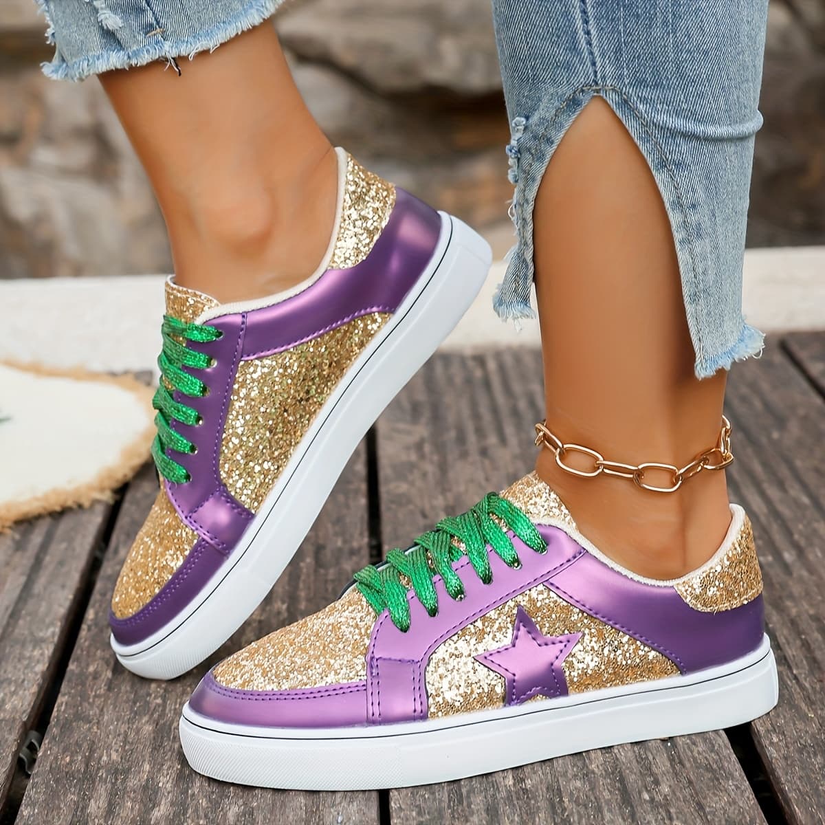 TEMU Glitter Gradient Color Spliced Slip-on Flat Shoes, Plus Size, Five-pointed Star, Women's Spring/autumn European And American Cross-border Casual Flat Shoes, Women Shoes
