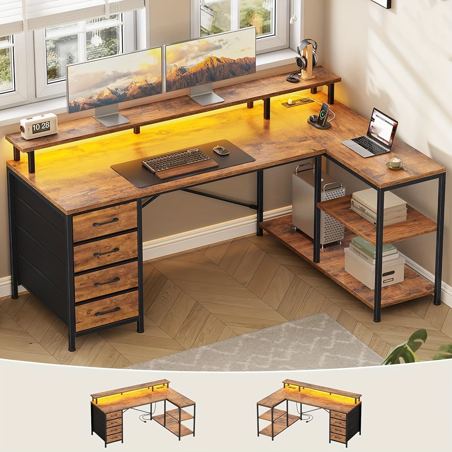 TEMU L-shaped Workstation Featuring 4 Drawers, Storage Shelves, And Led Lighting, Suitable For A Home Office