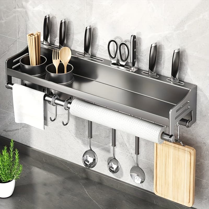 TEMU Wall-mounted Knife And Utensil Holder Featuring A Spice Shelf, This Steel Spice Organizer Rack Is Designed For Tool Storage And Measures 50cm