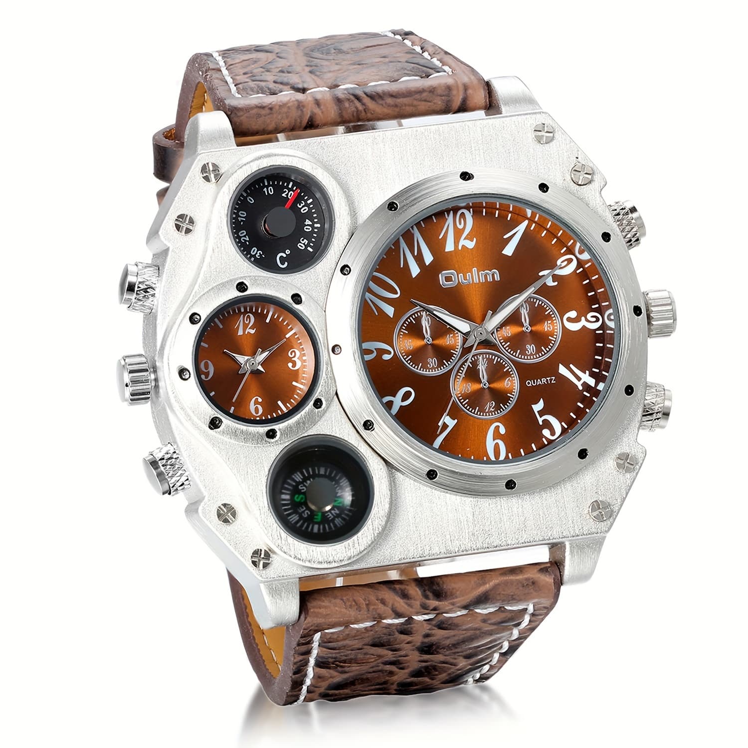 TEMU Trendy Large 's Quartz Watch, Display, Compass Thermometer Decoration, Crocodile Grain Leather Strap, Sports Watch, Space Watch, Men's Gift