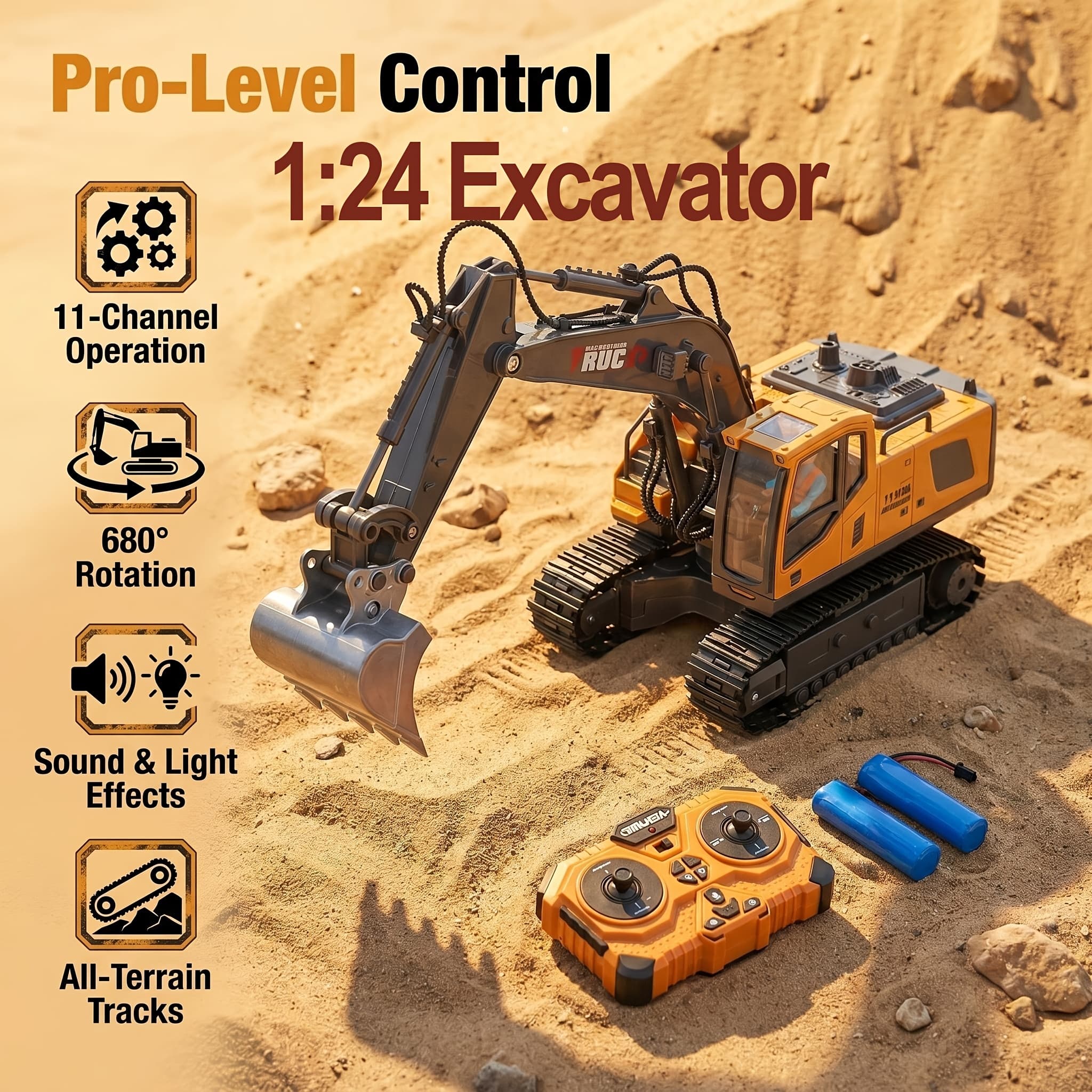 TEMU Remote Control Excavator Construction Toys For Boys, 1200mah Rc Excavator Toy With Metal Shovel And Light, Track Type Tractor Toys For 6+ Boys, Perfect 2025 Birthday Gift 6-12+