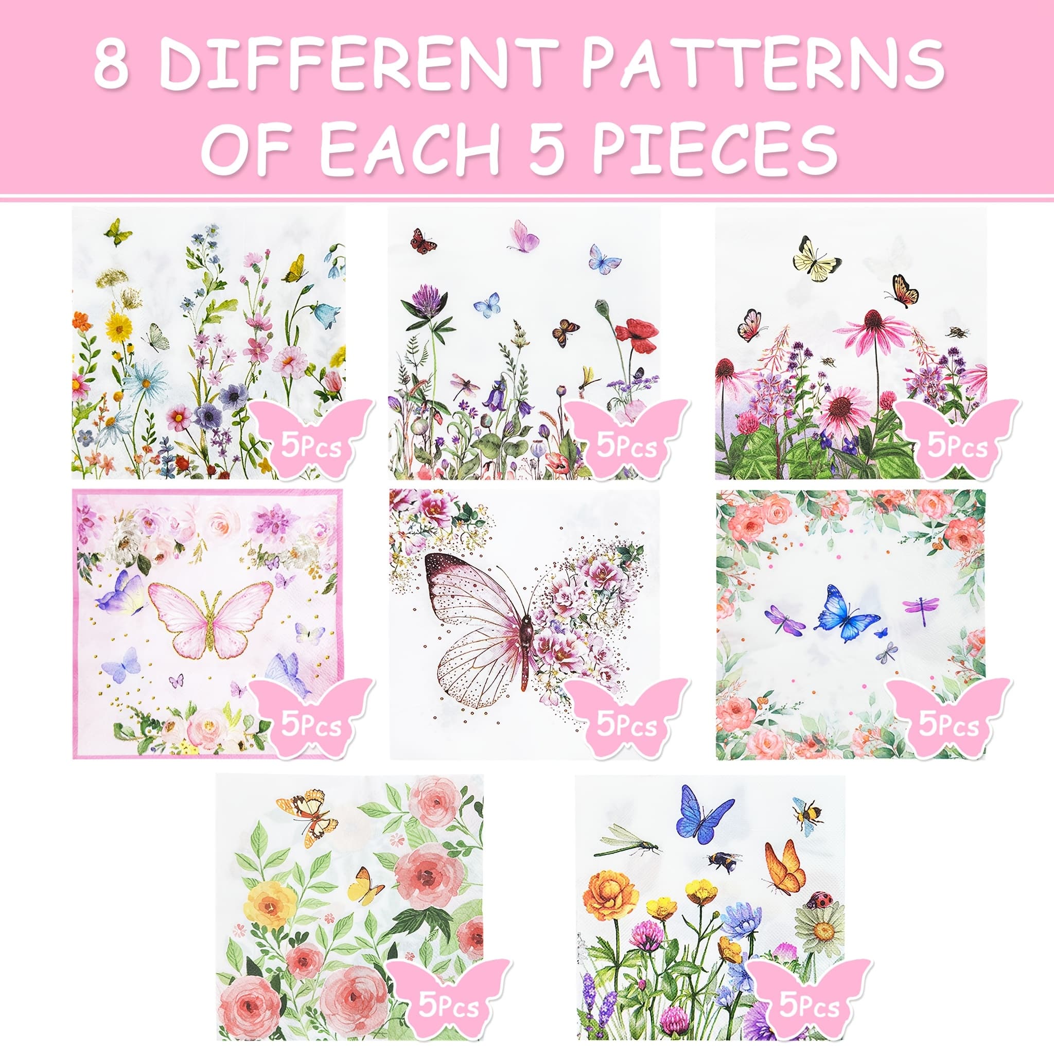 TEMU 40pcs (8 Designs) Of Collage Napkins, Featuring And Flower Decorations. Suitable For Diy Crafts, Birthday Parties, And Each Napkin Is 13 Inches When (multi-colored Butterflies And Flowers)
