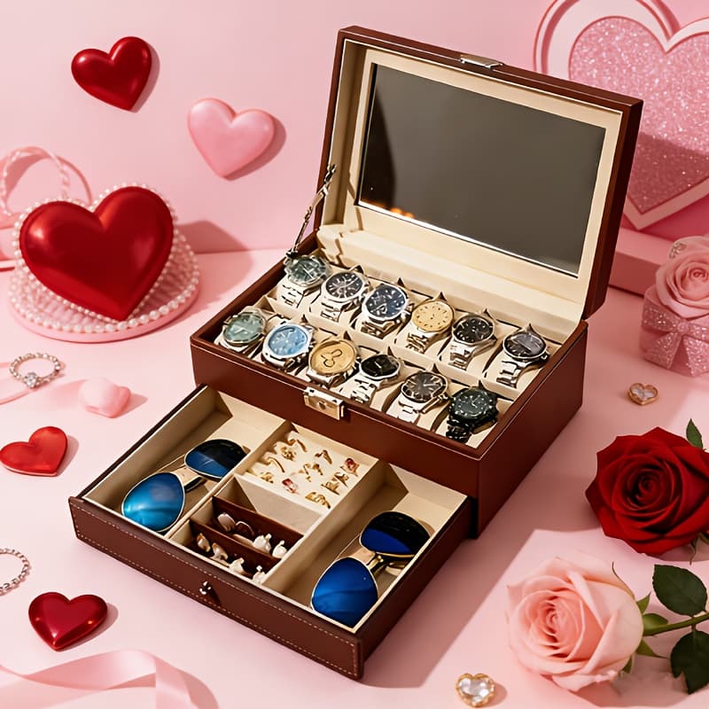 TEMU A Portable Double-layer 12-slot Pu Synthetic Leather Watch Display Stand, Jewelry Box. Gift For .