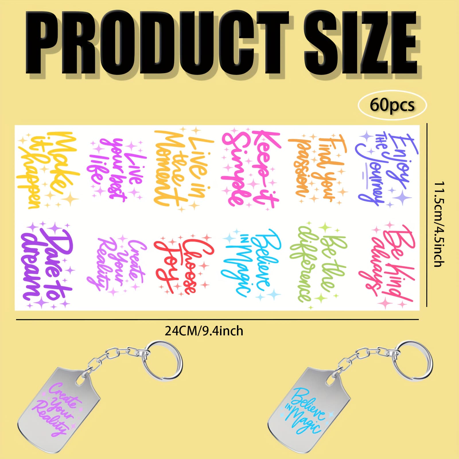 TEMU 60pcs/set Uv Dtf Keychain Stickers, Motivational Quotes Series Vinyl Keychain Tags, Suitable For Hotel Keys, Gifts And Crafts Decoration Transfer Stickers