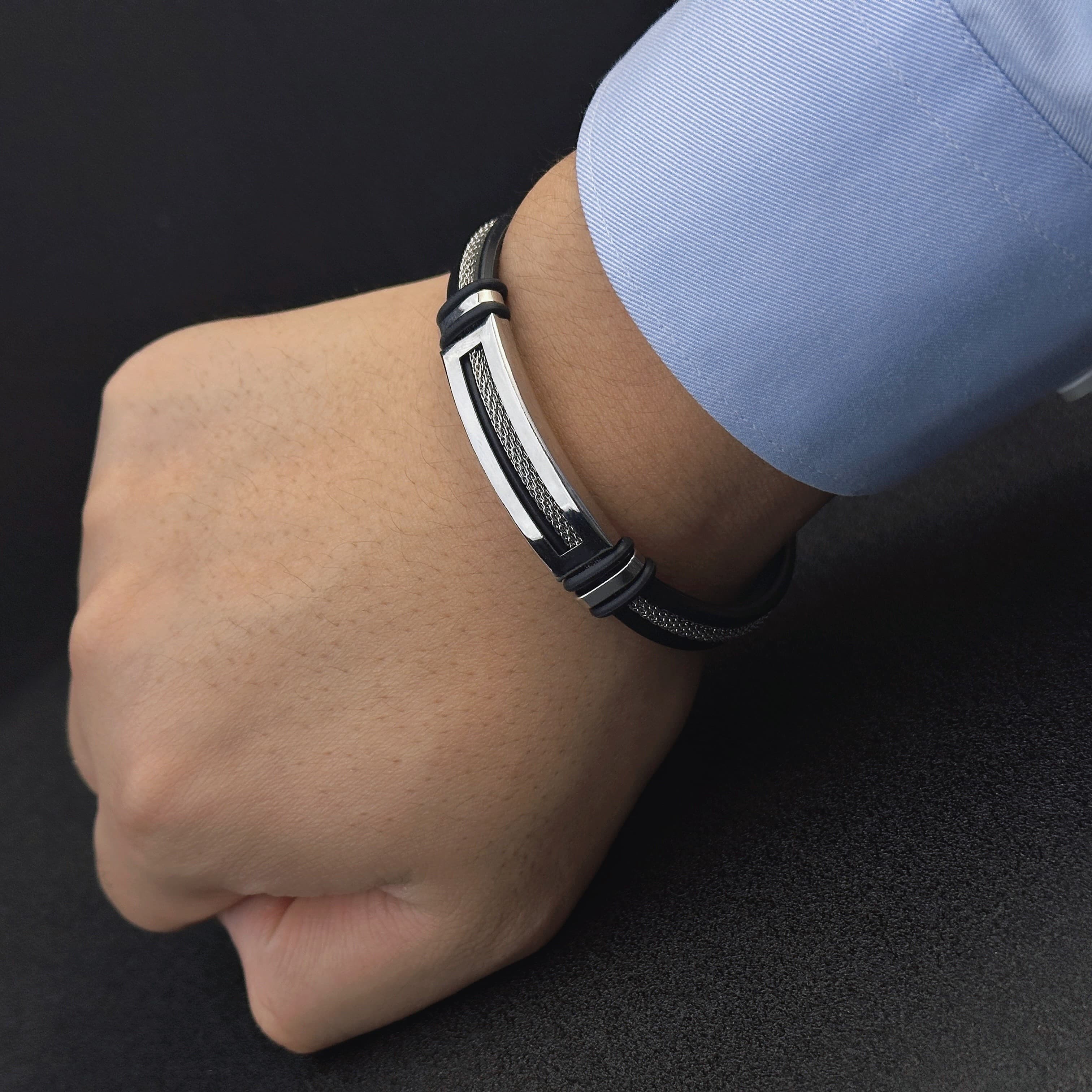 TEMU 1pc Of Men' Steel-colored And Golden Pu Leather Bracelet, With Stainless Steel , Cuff Wristband, Artificial Jewelry Gift