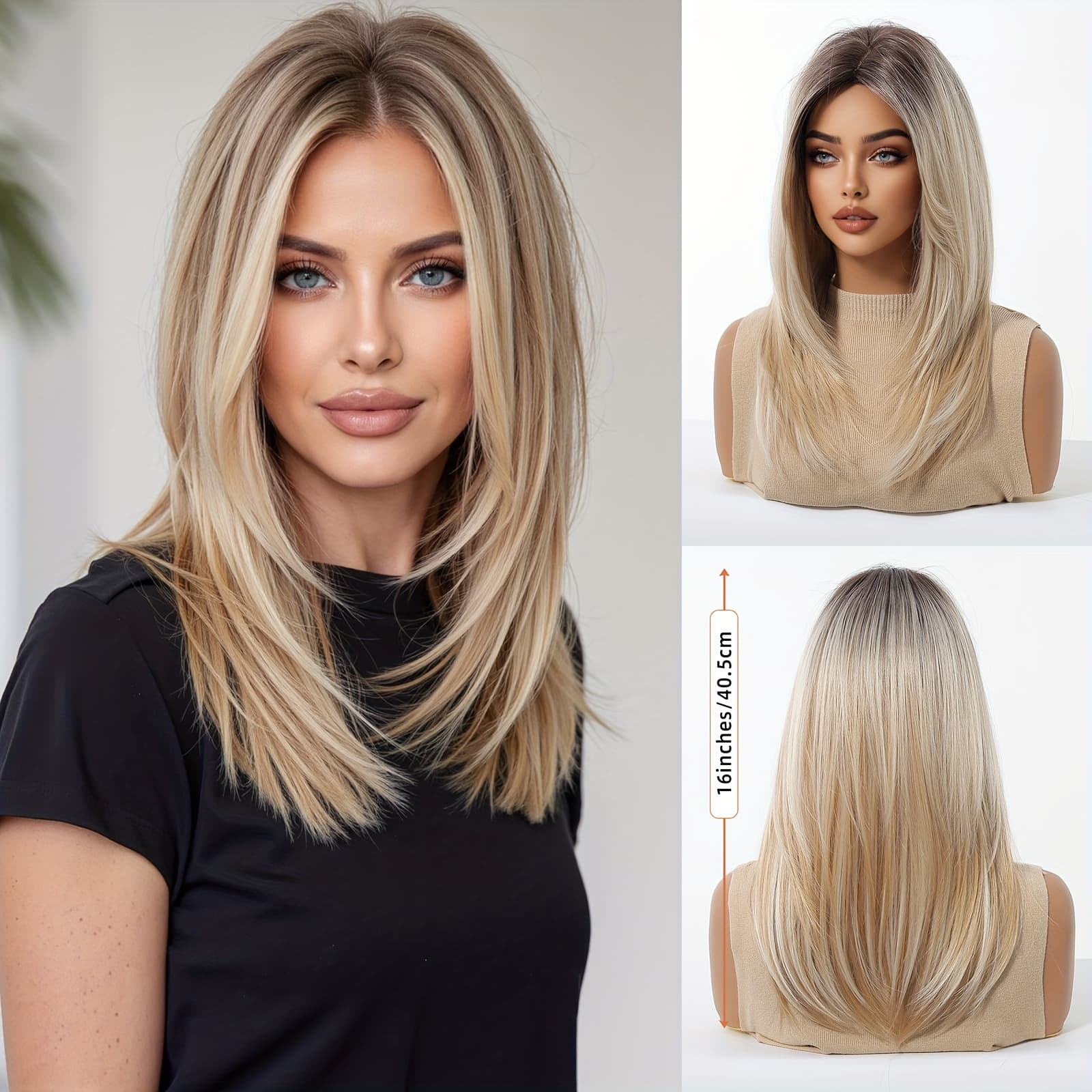 TEMU Elegant Ombre Blonde Medium-long Hair Wig - Layered Design, Suitable For Occasions: Parties, Travel, Social , And Everyday Wear, Synthetic Fiber Wig For Women