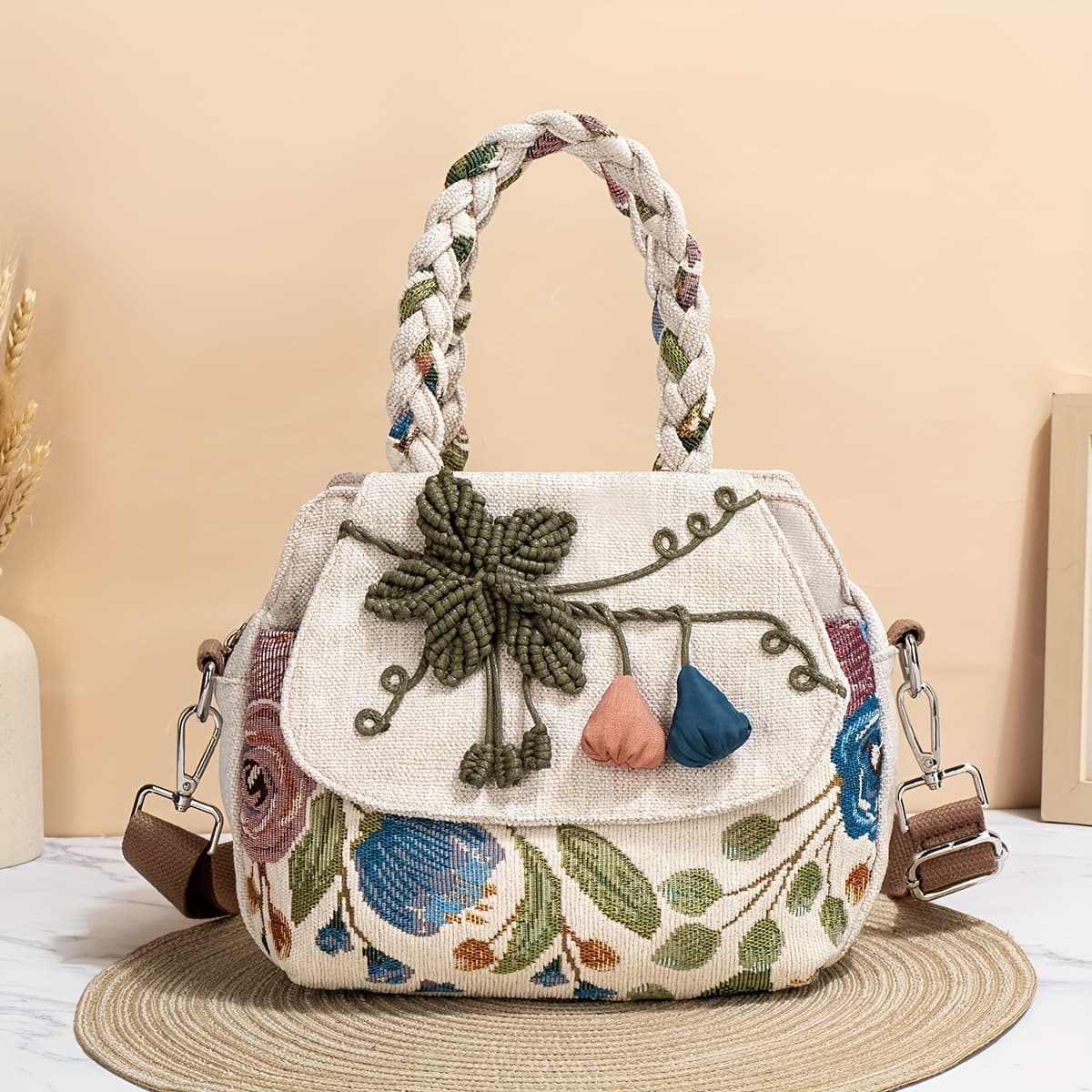 TEMU Random Trimming Bohemian Style Crossbody Bag Multi-compartment Handbag Shoulder Bag