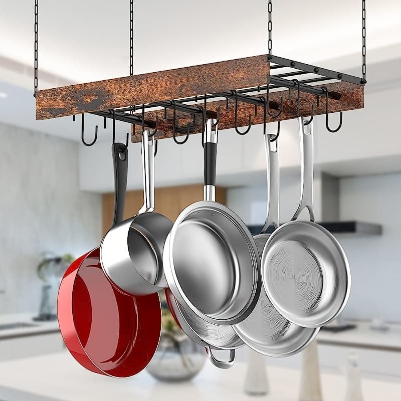 TEMU Ceiling-mounted Pot Rack For Kitchen Storage, Featuring 12 Hooks And Dimensions Of 24 X 13 X 2.4 Inches, From Wood And Iron In A Brown End, Ideal For And