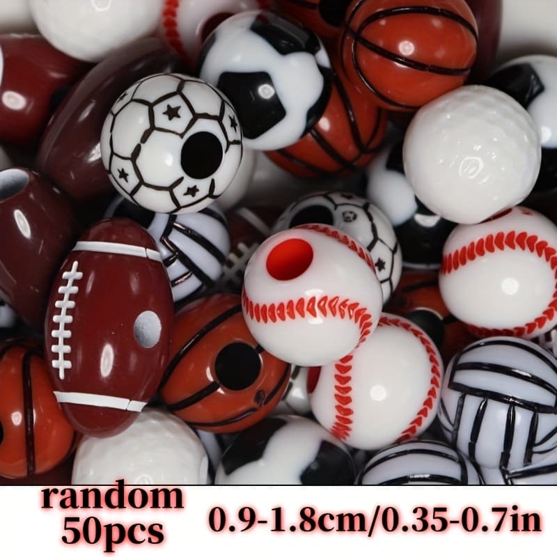 TEMU 9-18mm 50pcs Random Sports Style Basketball, Football, Baseball, , Golf Beads, Scattered Beads Mixed Diy Creation Bracelet Necklace Earrings Accessories