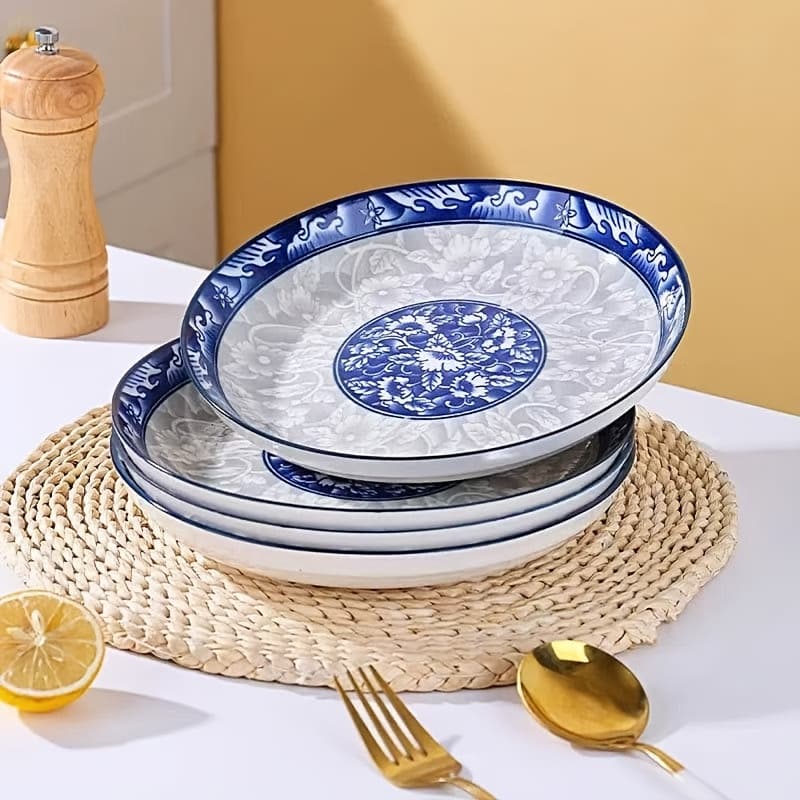 TEMU Blue And White Porcelain Plates Set Of 4, 8 Inch Ceramic Dinner Plates, Vintage Chinese Style Serving Plates For Salad, Pasta, Dessert, Microwave Safe, Dishwasher Safe