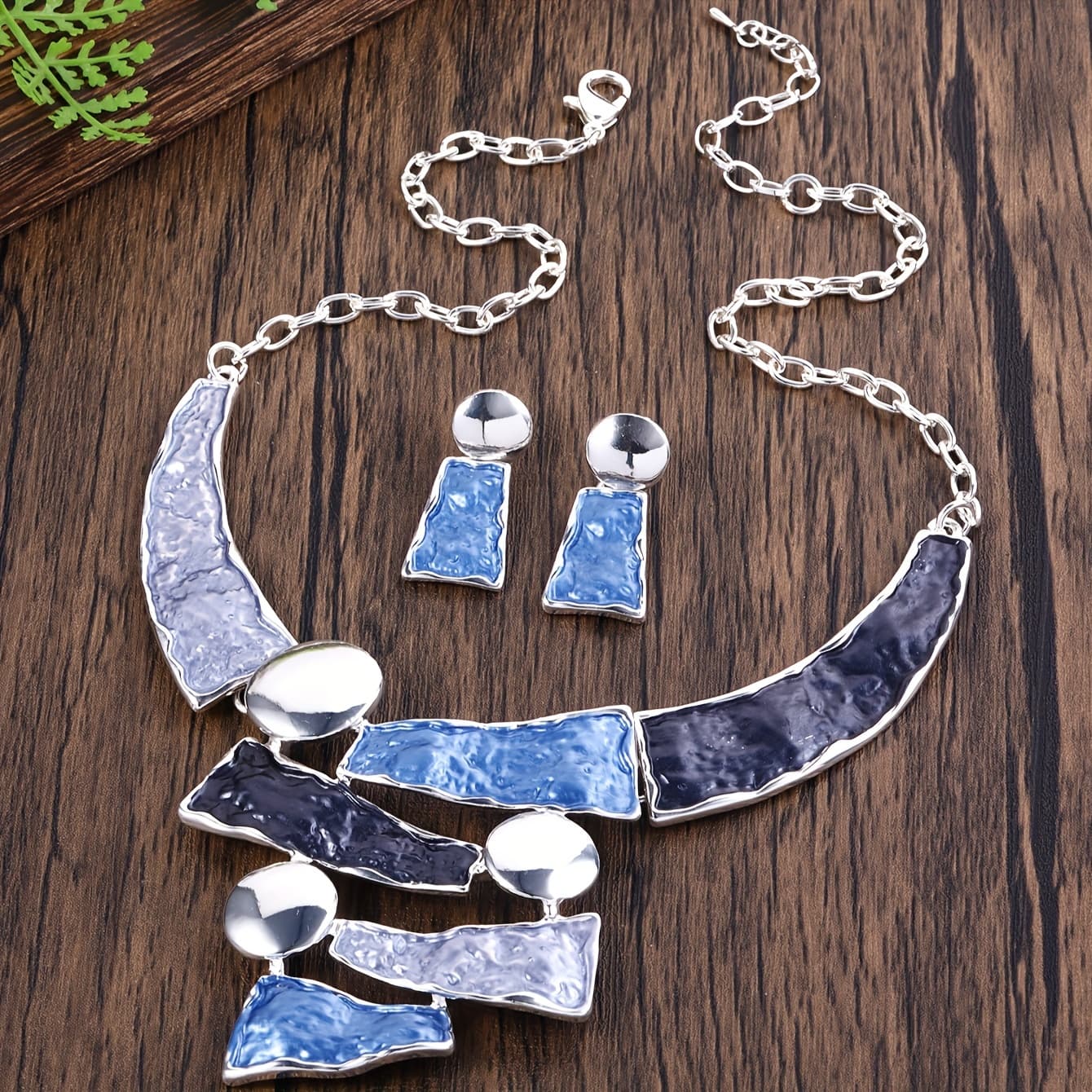 TEMU 1 Set Of Jewelry Set Popular Alloy Geometric Irregular Blue Color Oil Hollow Splicing Exquisite Design Necklace Earrings Set Female Ins Cold Fashion Temperament Choker Earrings Additions