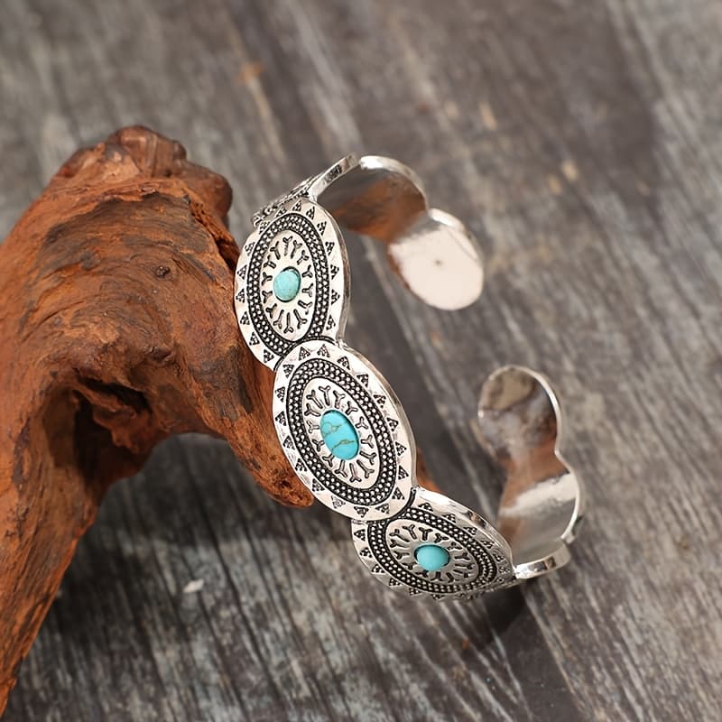 TEMU A Bohemian Ethnic-style Carved Pattern Turquoise Inlay Alloy Open-end Women's Fashion Bracelet