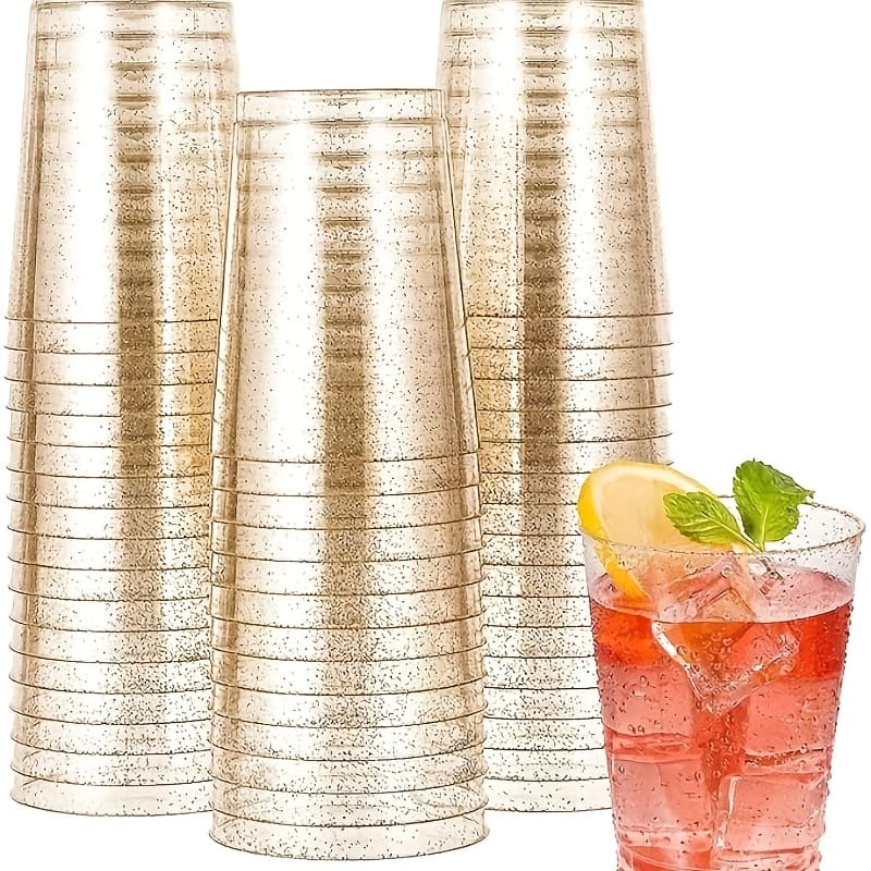 TEMU 120-count Golden Glitter Elegant Plastic Cups | 10 Oz Clear Disposable Rigid Plastic Coffee Cups, Ideal For Weddings, Birthdays, Holidays, Parties - Valentine's Day, New Year, - Brand