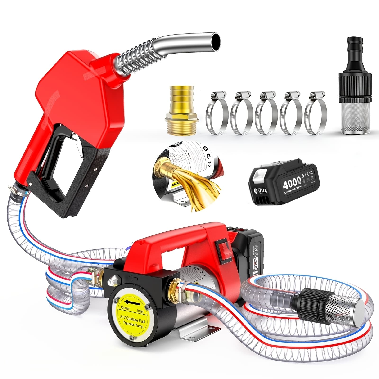TEMU 12gpm Portable Self-priming Pump Kit W/ Nozzle&hose Auto Shut Off For &kerosene, Fuel Transfer Pump Battery Powered, 21v Cordless Transfer Pump Kit W/ 1x4.0ah Battery